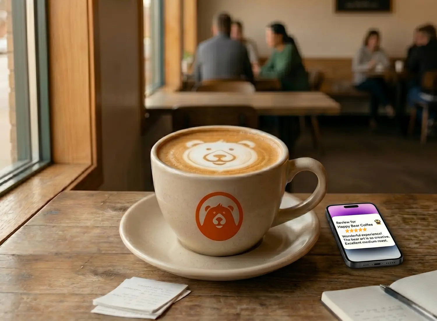 A coffee mug with a cell phone next to it showing five star reviews of Happy Bear Coffee