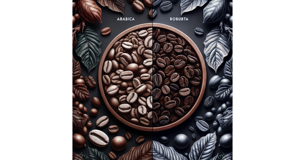 Picture showing the difference between the lighter Arabica Coffee Beans and the darker Robusta Coffee Beans