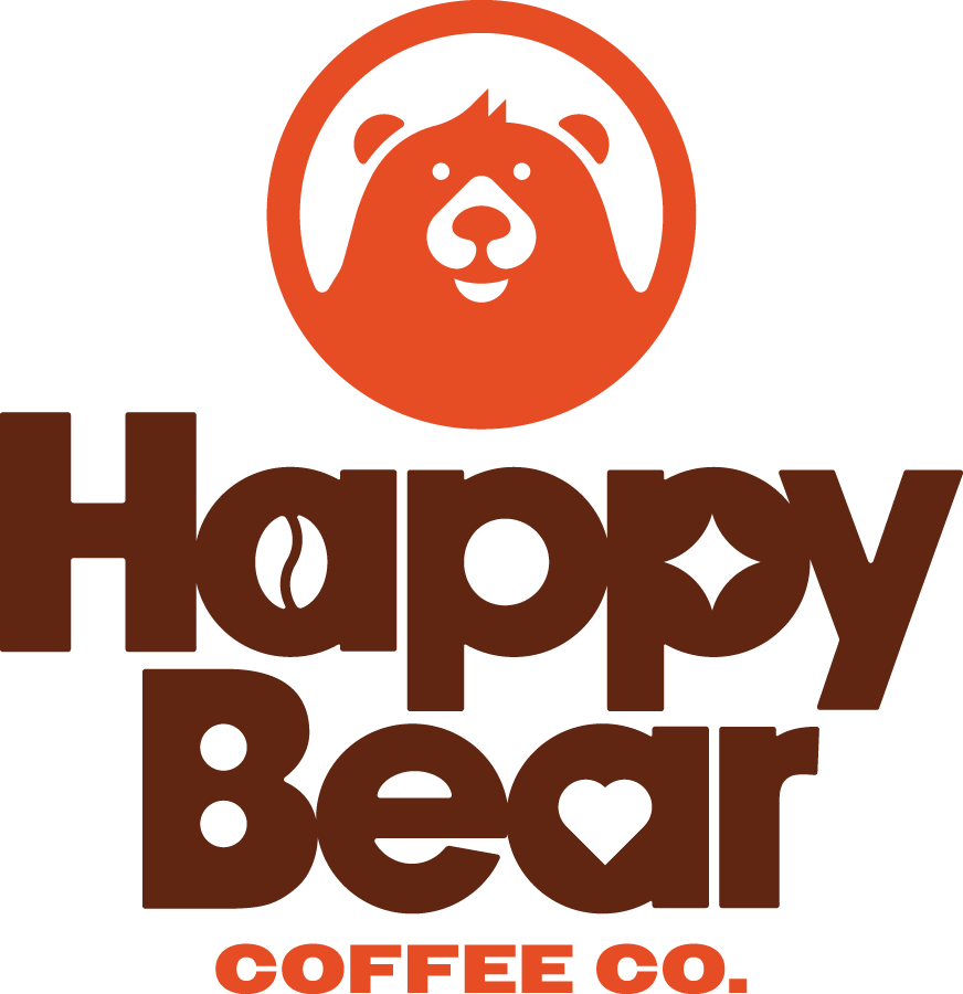 Happy Bear Coffee Co. logo with a bear face and text in orange and brown on a white background