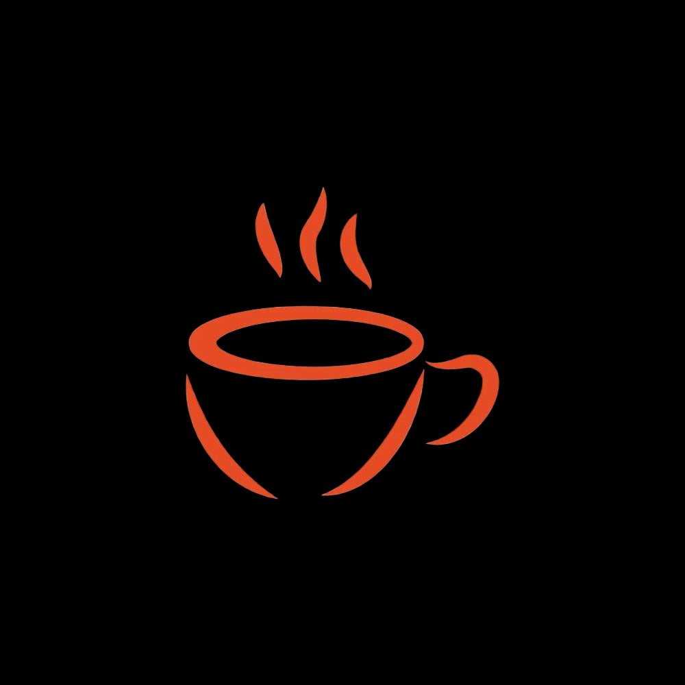 Orange outline of a coffee cup with steam on a black background